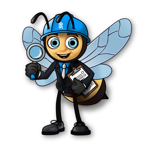 RESTORHIVE bee inspector mascot with magnifying glass